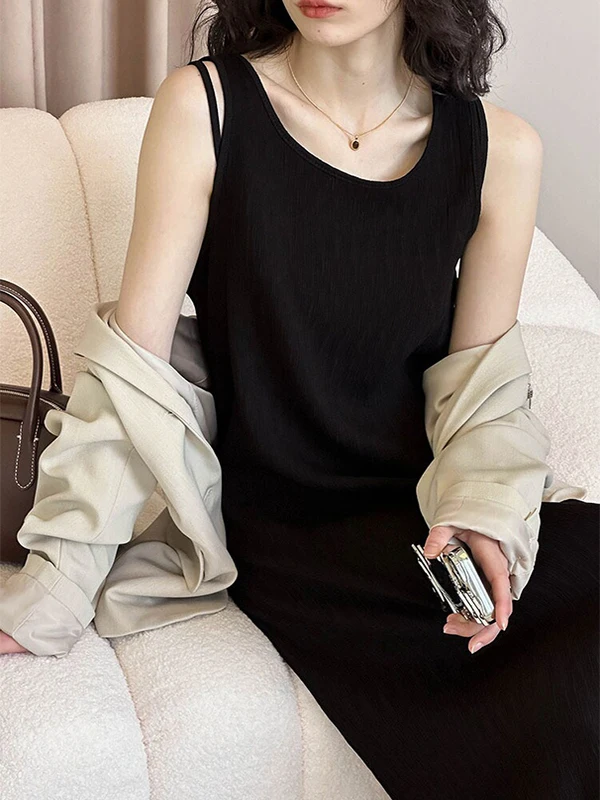 

Летнее повседневное платье-жилет больших размеров без рукавов для женщин, свободного кроя, стройнящее, в пляжном стиле, с круглым вырезом, средней длины, А-силуэт