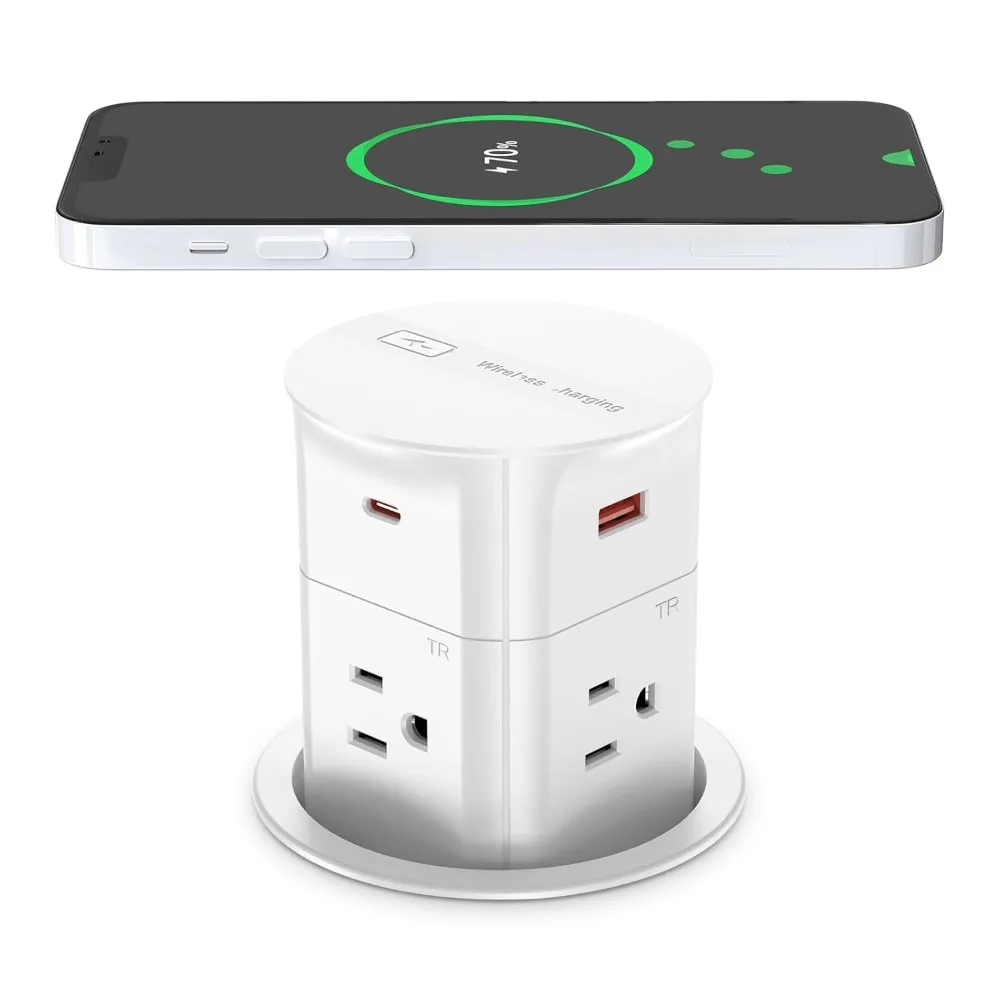 

Pop Up Countertop Outlet with 15W Wireless Charger 20W Power Delivery 800J Surge Protection 4 AC Outlets 4 USB Ports ETL