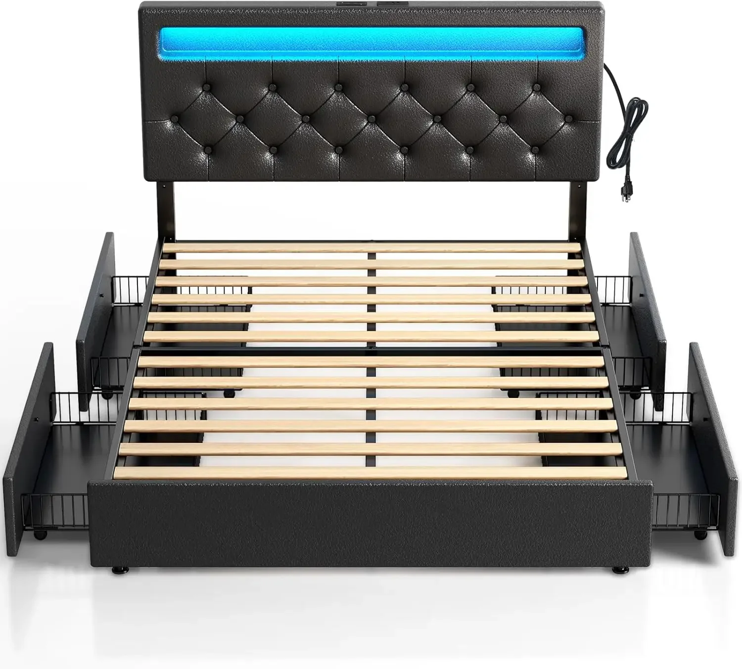 Queen Size Bed Frame with LED Lights and USB Ports, Upholstered PU Leather Bed with Adjustable Headboard and 4 Storage