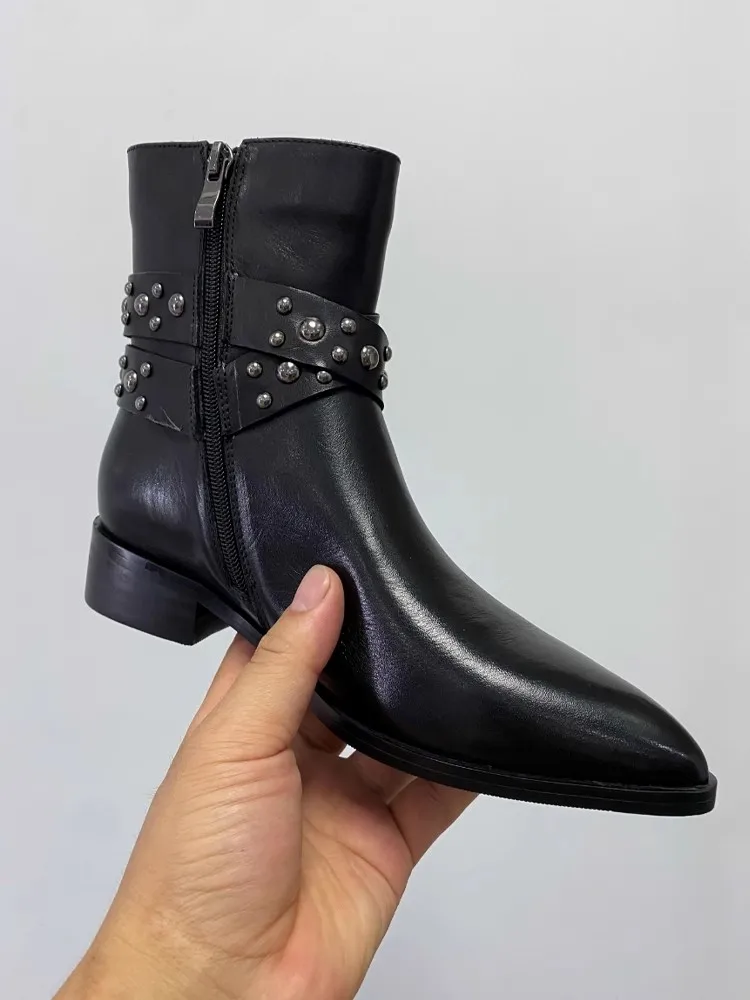 Handmade Women Pointed Toe Rivets Cross Strap Ankle Boots High Top Cowhide Genuine Leather Shoes Biker Block Heels Modern Shoes