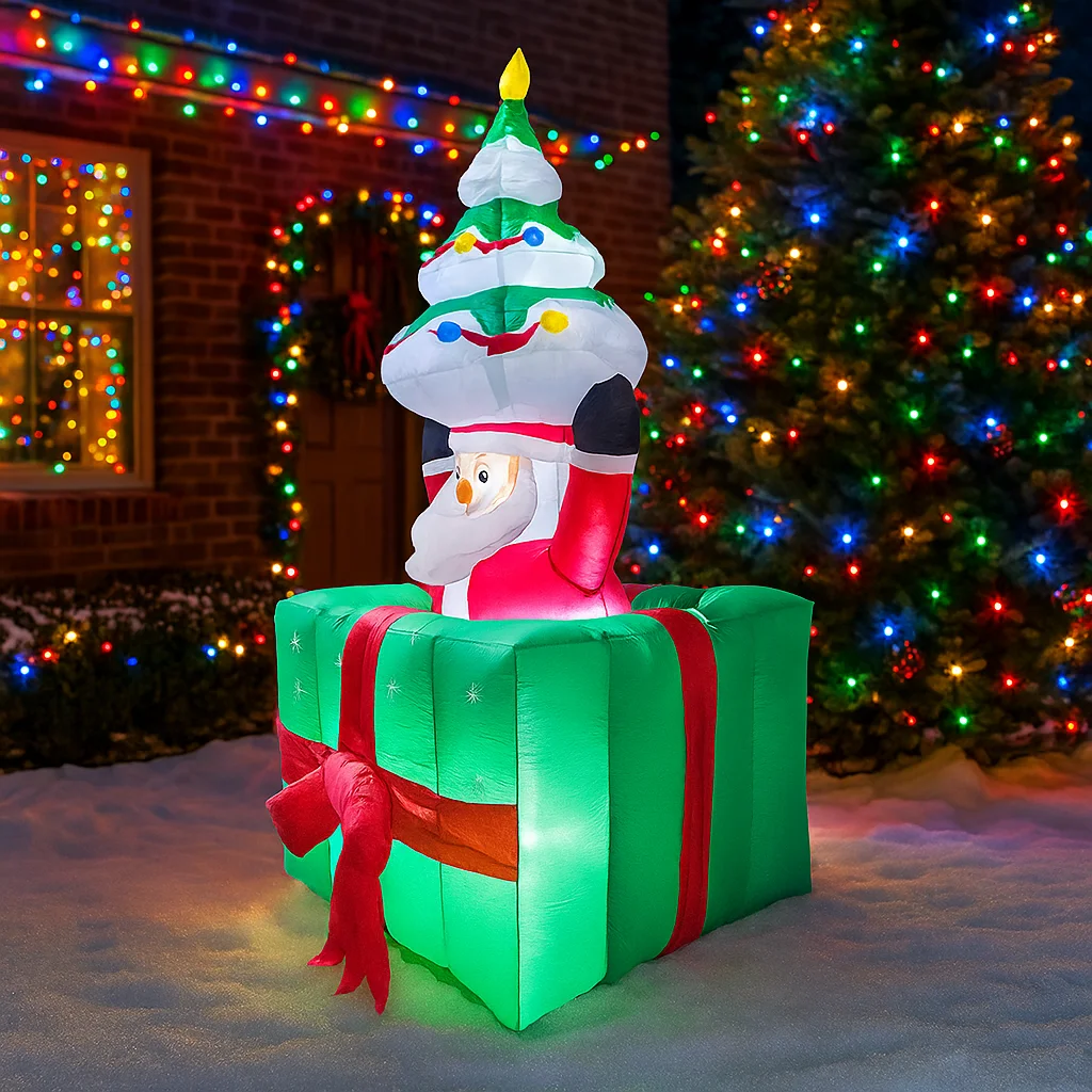 1.8M/6FT Christmas Decorations Inflatable Toy Santa Claus Gift Box Tree Home Yard Xmas LED Light Decor Christmas Party Toy