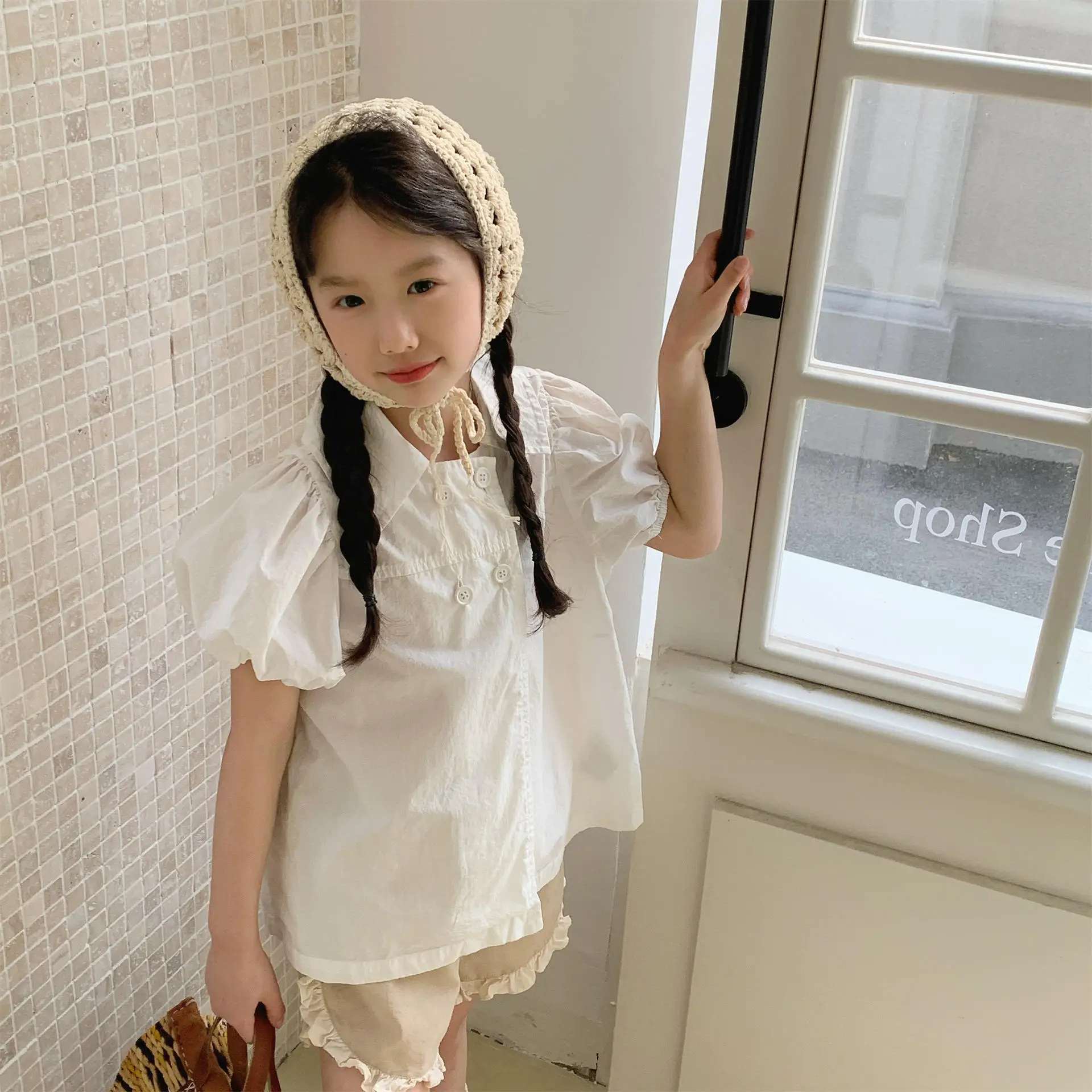 

2026 Summer New Girls Puff Sleeve Shirts Children Short Sleeve Shirts Cotton Baby Girl Loose Embroidery Blouse Kids Clothes