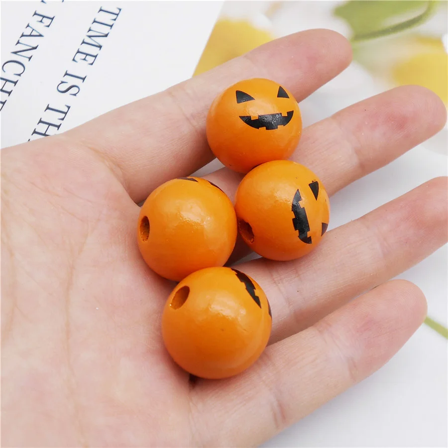 Julie Wang 10PCS 19mm Wooden Halloween Pumpkin Pattern Beads Ball Round Wood Bead Bracelet Jewelry Making Accessory