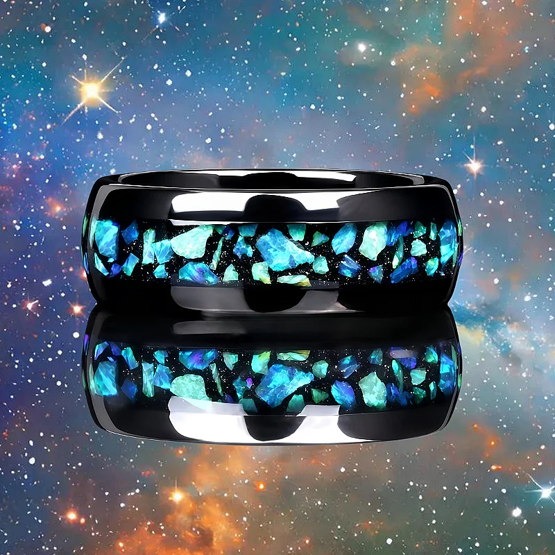 Nebula Wedding Ring Black Ring Polished Dome Promise Ring 8mm Men's Green Synthetic Opal Stainless Steel Ring