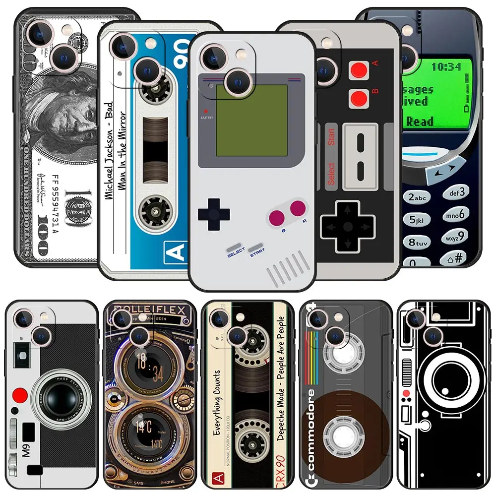 Vintage Tape Camera Gameboy Phone Case For iPhone Apple 15 14 13 12 11 Pro Max Mini 7 8 Plus XR XS X SE Black Silicone Cover