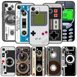 Vintage Tape Kamera Gameboy Handyhülle für iPhone Apple 15 14 13 12 11 Pro Max Mini 7 8 Plus XR XS X SE Schwarze Silikonhülle