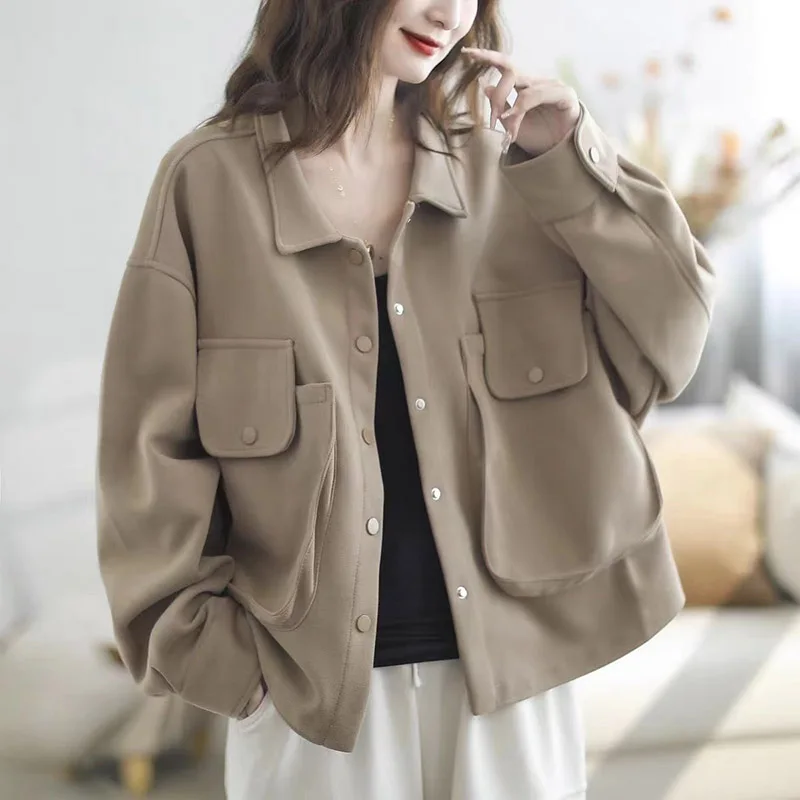 

Korean Fashion Long Sleeves Ladies Coat Spring Autumn Solid Color Female Jacket 2024 Loose Large Size 4XL Trend Women Outerwear