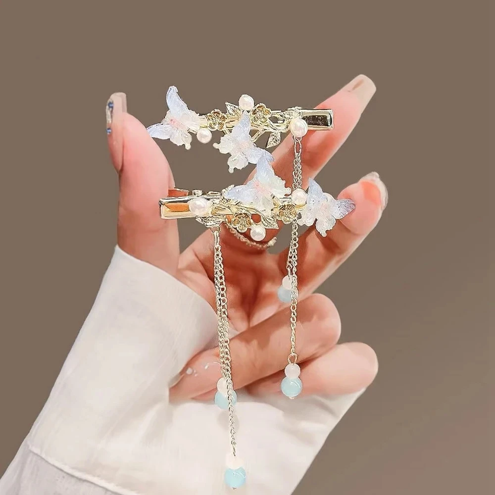 دبابيس شعر رائعة على شكل فراشة لؤلؤية الجزء الخلفي من الرأس، مشابك شعر على شكل شرابة، إكسسوارات شعر حلوة للنساء والفتيات