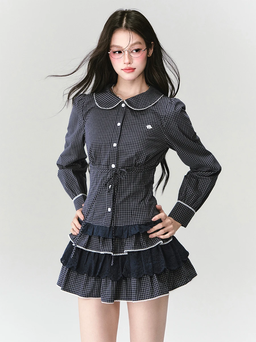Fragile Heart Plaid Shirt Long Sleeve Set College Style Half Skirt Ensemble Women's Fashion Cotton Button up Dress Code