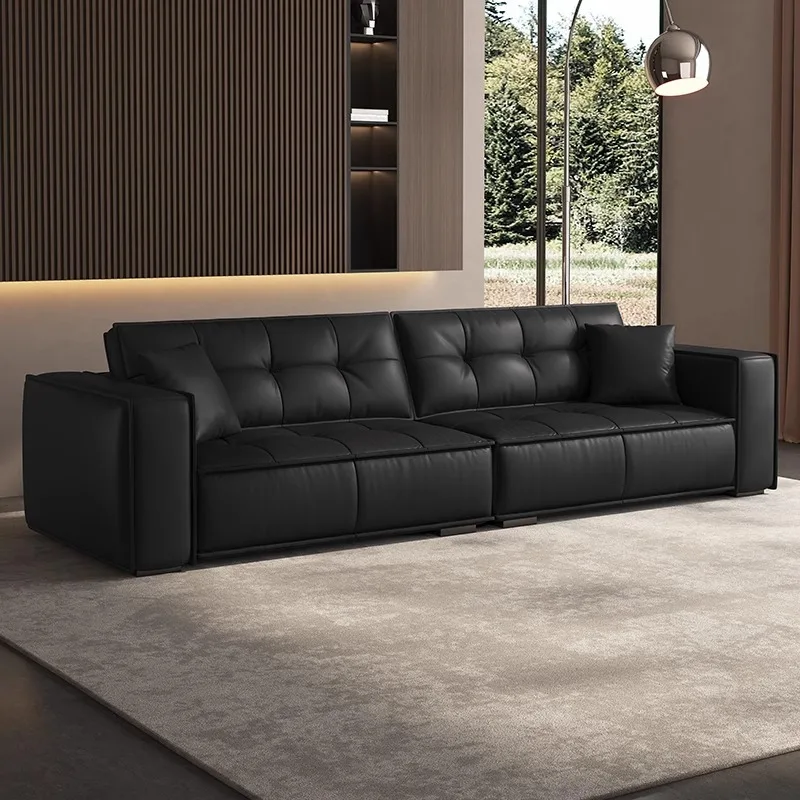 Foshan Furniture Italian Minimalist First Layer Cowhide Leather Sofa Living Room Premium Black Straight Row Leather Art Sofa