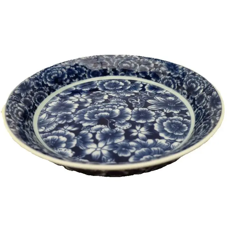 Chinese Old Porcelain Shallow Dish Blue White Pattern Traditional Decorative Kitchenware for Serving Food Or as Decor