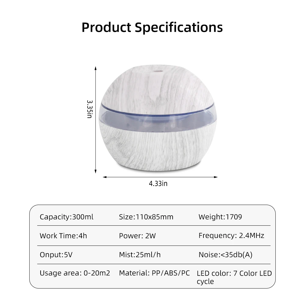 300ml 스마트 터치 제어 가습기 디퓨저, 7색 LED 무드등, USB 전원 쿨 미스트 (가정, 사무실, 요가용)