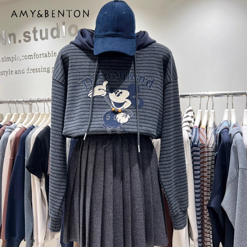 

Heavy Industry Cartoon Embroidery Autumn Winter Thickened Striped Hooded Sweatshirt For Women Fashionable Youthful Hoodie Jacket