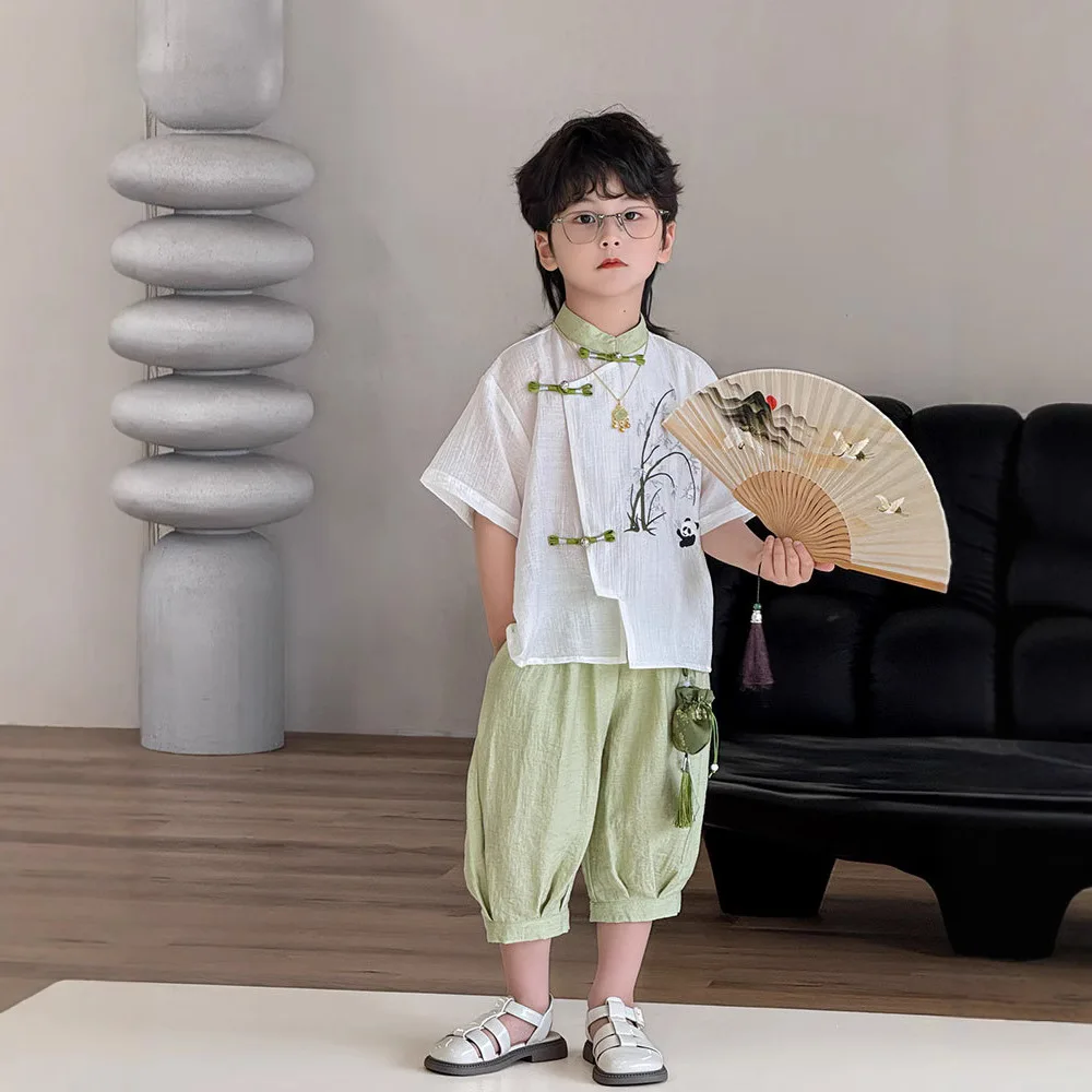 Boys Suit 2026 Spring and Summer New Childrens Clothes Boys Baby New Chinese Cool Bamboo Shirt Shorts Two-piece Set Simple