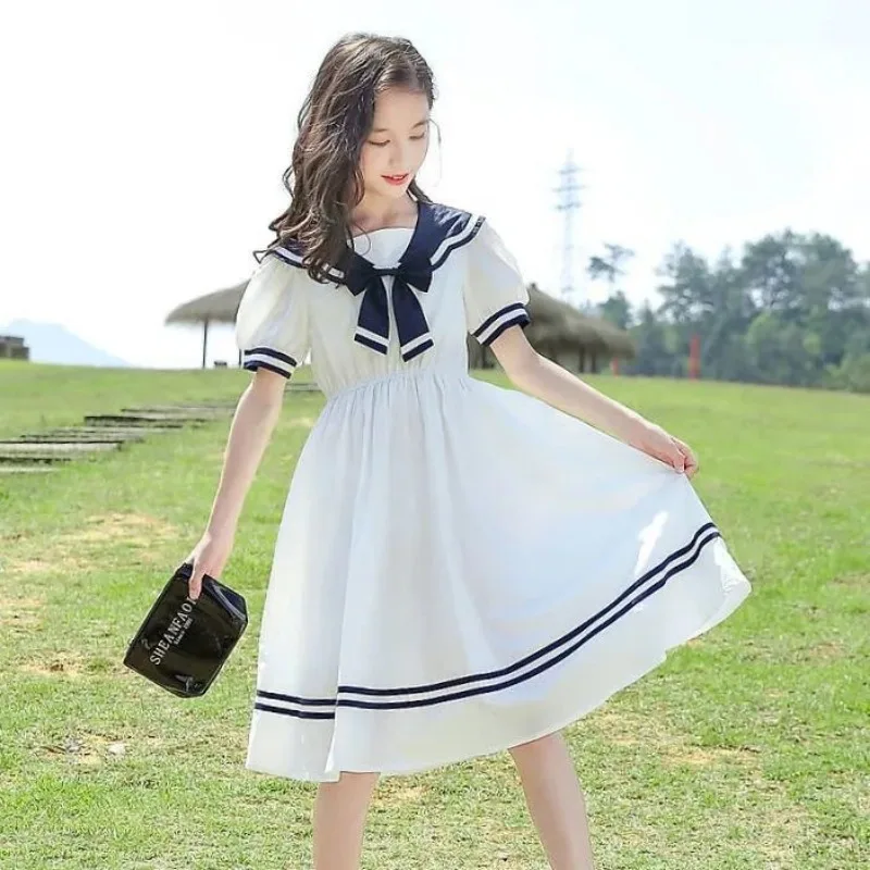 New Summer Dress for Girls Short Sleeved Dresses Sailor CollarTeenagers Vestido Kids Princess Clothing 6 8 10 12 14 Year Clothes