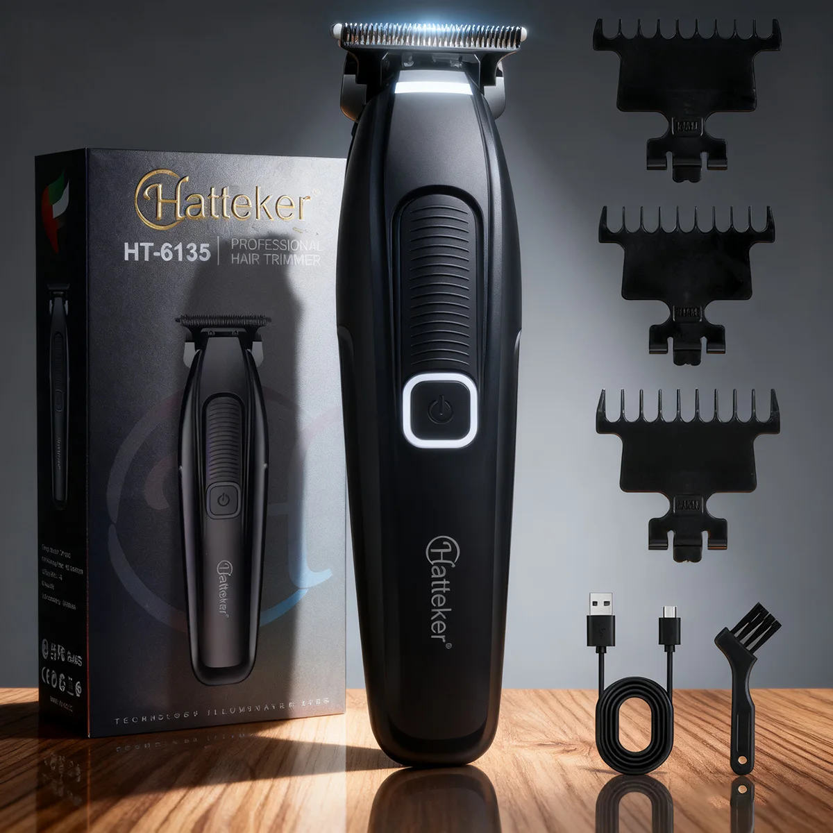 

Профессиональный триммер для волос HT-6135, 7500 об/мин, DLC, цельнометаллическое режущее лезвие, резьба, градиент, парикмахерская, электрическая машинка для стрижки, зарядка через USB