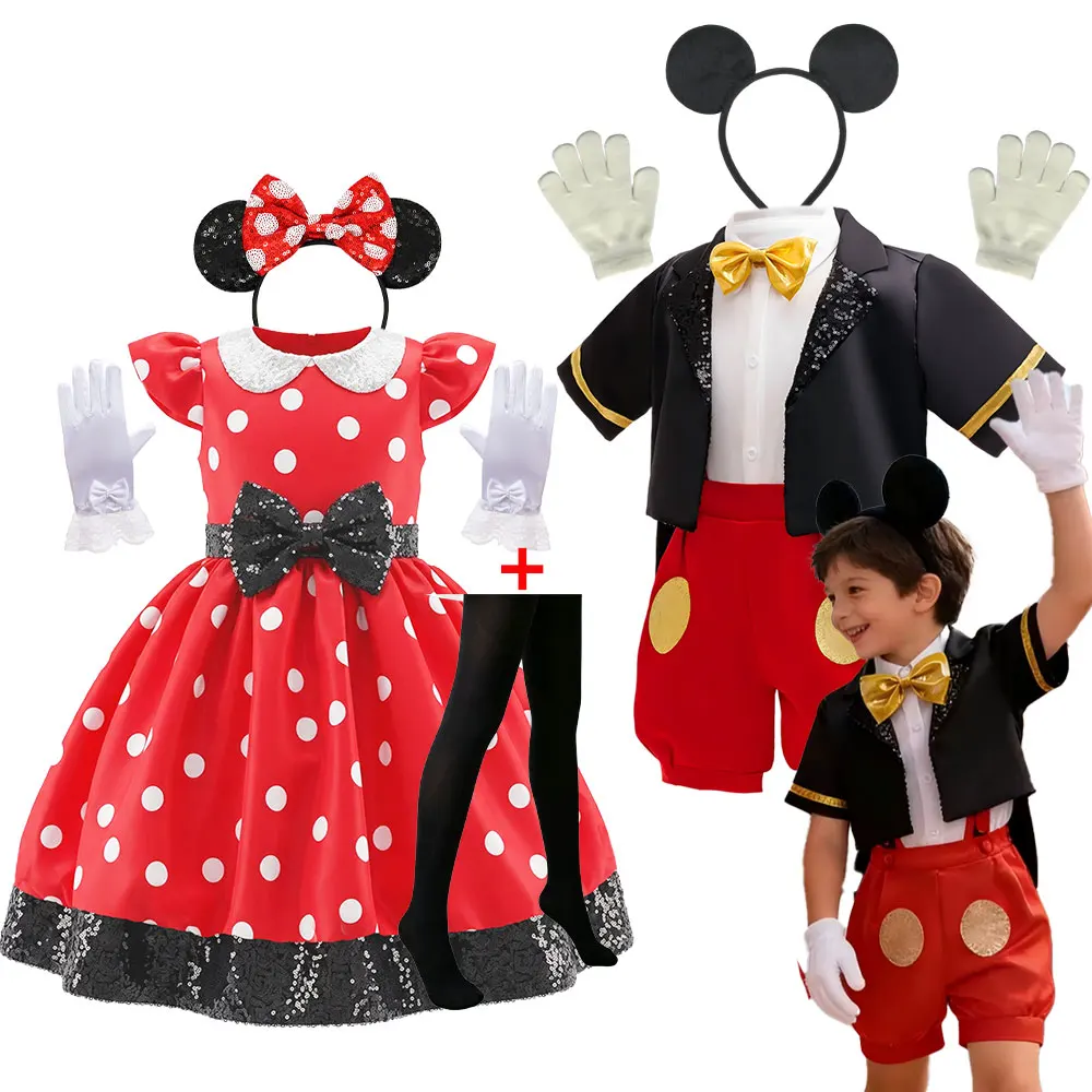 Girl Minnie Role Play Princess Dress Boy Mickey Costume Jacket Shorts Set Kid Halloween Birthday Party Cosplay Outfit 3‑10 Years