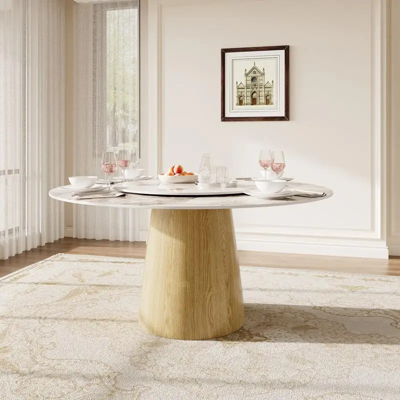 

Modern Mid-Century Dining Table with Stone and Wood Top for Kitchen or Office, 53.15-in U-Base and Turntable, Colorful Design