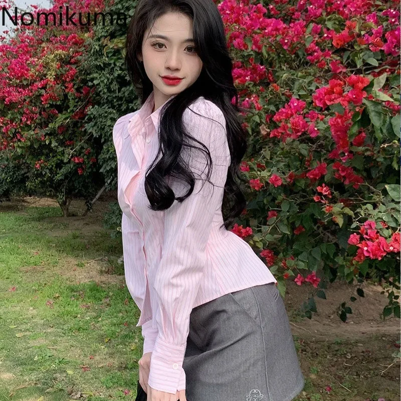 Pink Striped Women Blouses Crop Tops Long Sleeve Slim Fit Temperament Shirts Fashion Summer Blouse 2024 Blusas Mujer De Moda