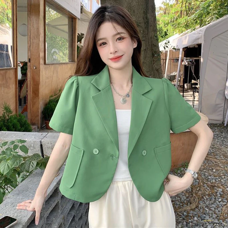 Summer Korean Cropped Blazers for Women Thin Short Sleeve Suit Jacket Woman Solid Color Single Breasted Office Outwear Ladies