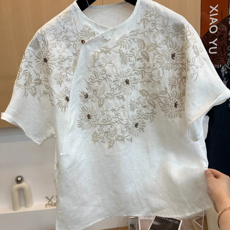 2025 New High-end Fashion Heavy Industry National Style Embroidered Cotton Linen Round Neck Short-sleeved Shirt Top