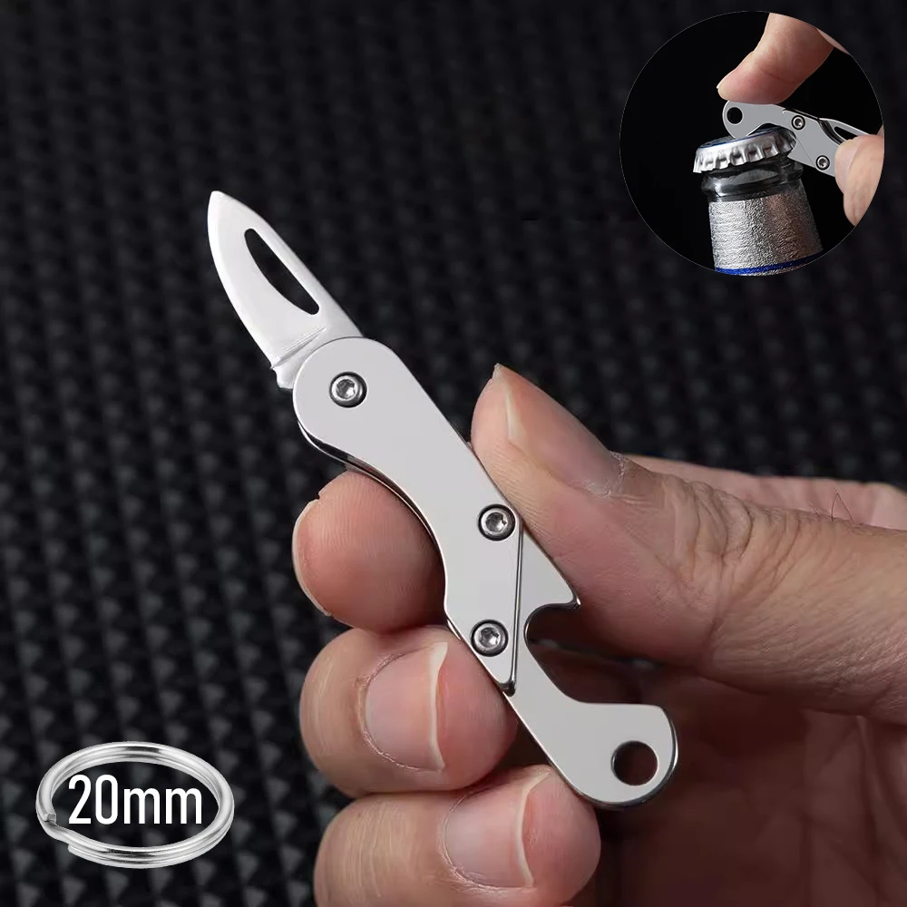 Aço inoxidável mini faca dobrável acampamento ao ar livre portátil bolso chaveiro edc multiferramentas abridor de garrafa chaveiro acessórios