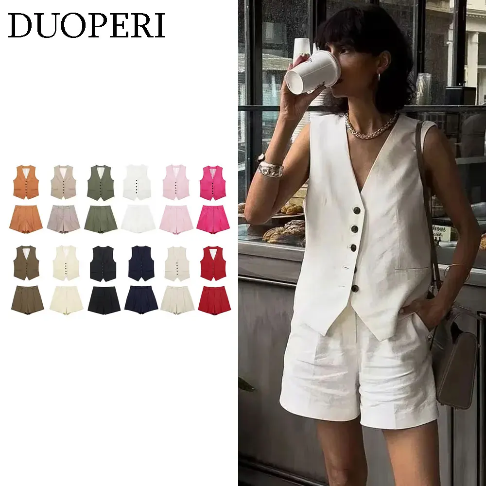 DUOPERI Women 2 Pieces Sets Plain Linen Tops Vest and Shorts Chic Lady Casual Basic Business Waistcoat and Shorts Coordinates