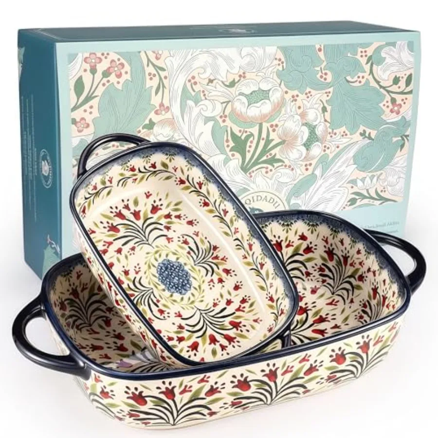

Polish Pottery Style Ceramic Baking Dish Set 2-Piece Casserole Bakers for 2 3 People Floral Decorative Bakeware Oven Safe Lasag