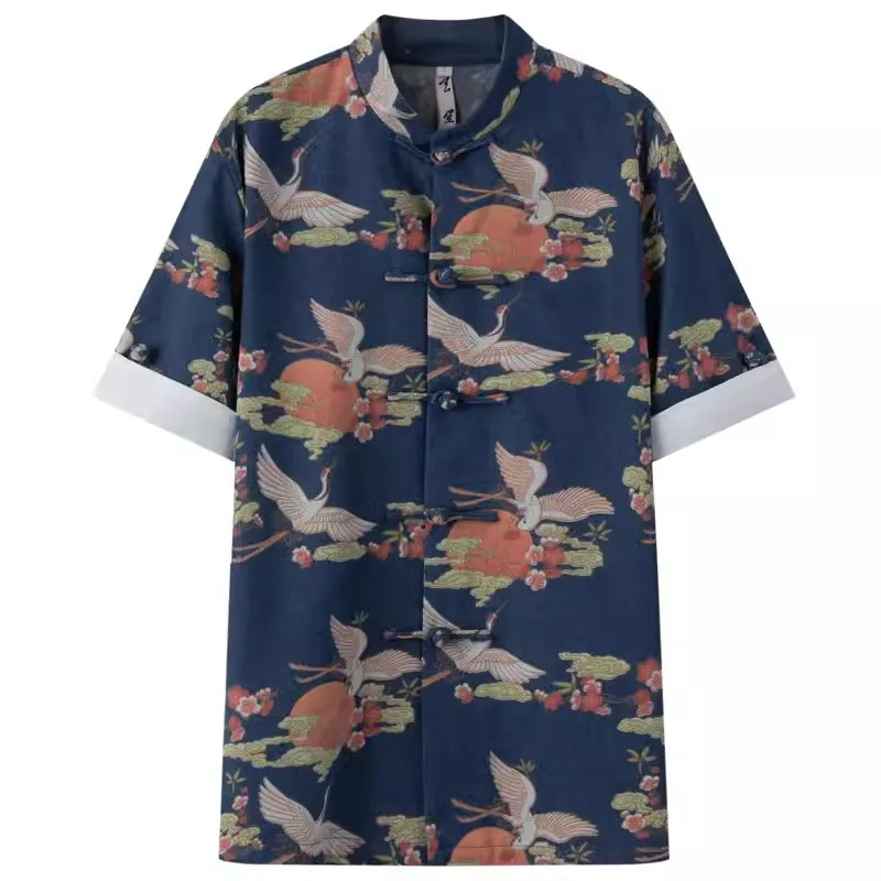 

Crane Print High Quality Shirts For Men Short Sleeved Tang Costume Summer Cotton Breathable Chinese Style Frog Camisas De Hombre