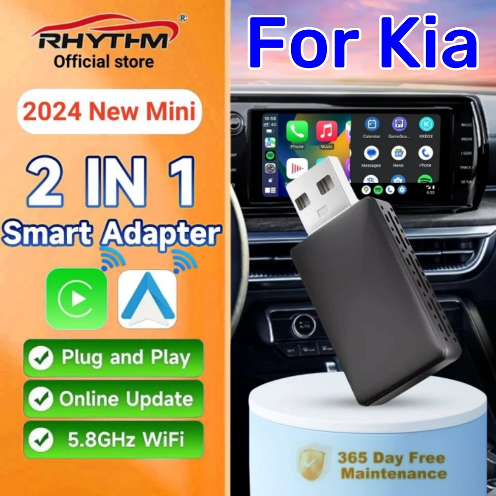 2024 Rhythm 2in1 Wireless Carplay Adapter Android Auto Box For Kia Sportage K5 Carnival Picanto Soul Seltos Telluride Niro EV6