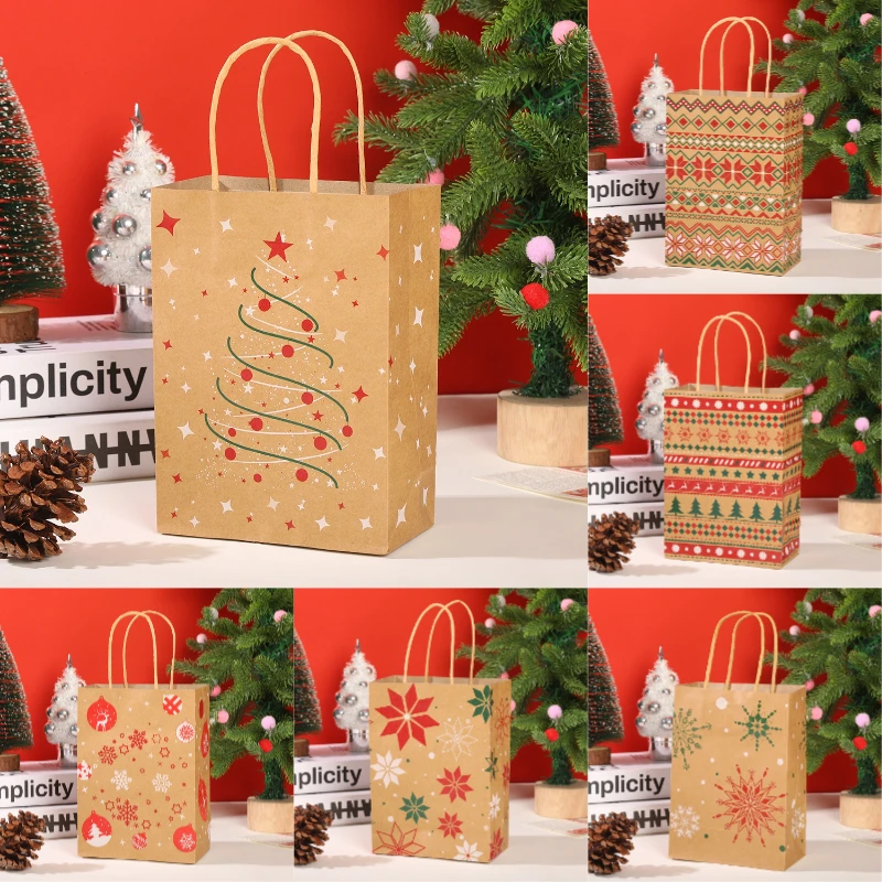 Sacs en papier Kraft flocon de neige de noël, 12 pièces, avec poignées, sac d'emballage pour biscuits et bonbons, pochette cadeau pour arbre de noël, décoration de maison, fête de noël