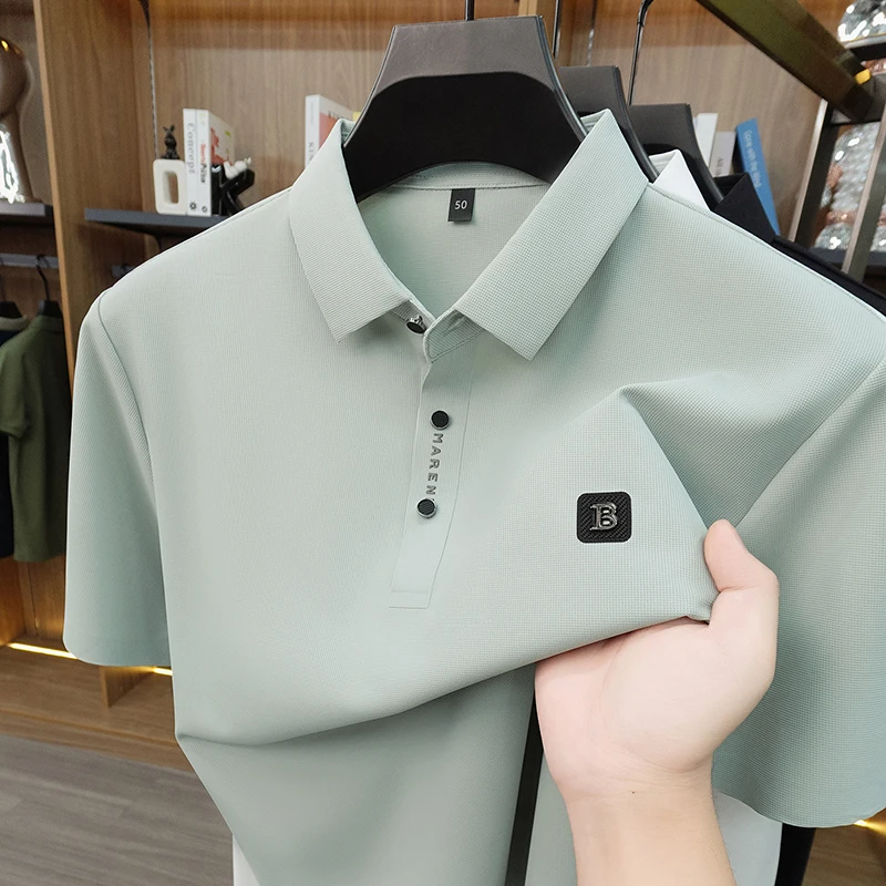 Fashion letter embossed short sleeve polo shirt high-end brand summer ice silk breathable T-shirt casual luxury new men's wear