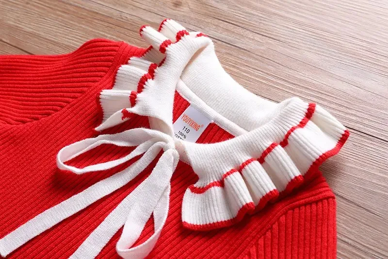 Girls Long Sleeve Knitting Sweater Dresses Autumn/Winter Children Warm Princess Birthday Party Dress Kids Red Christmas Costume