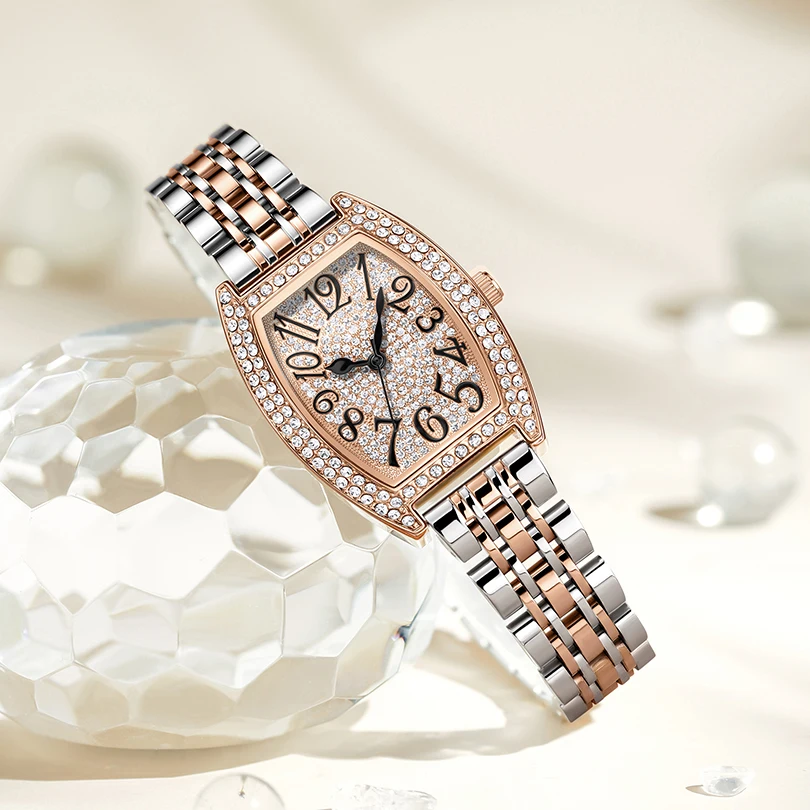 Rose Gold Full Diamond Watch Women Quartz Wristwatch Luxury Ladies Tonneau Clock Fashion Stainless Steel Rhinestone Reloj