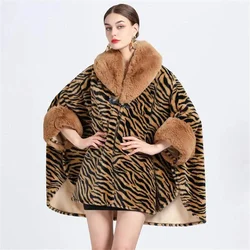 2024 Women Circle Rabbit Fur Neck Winter Poncho Outerwear Cape Thick Warm Leopard Printed Cloak Batwing Sleeves Loose Overcoat