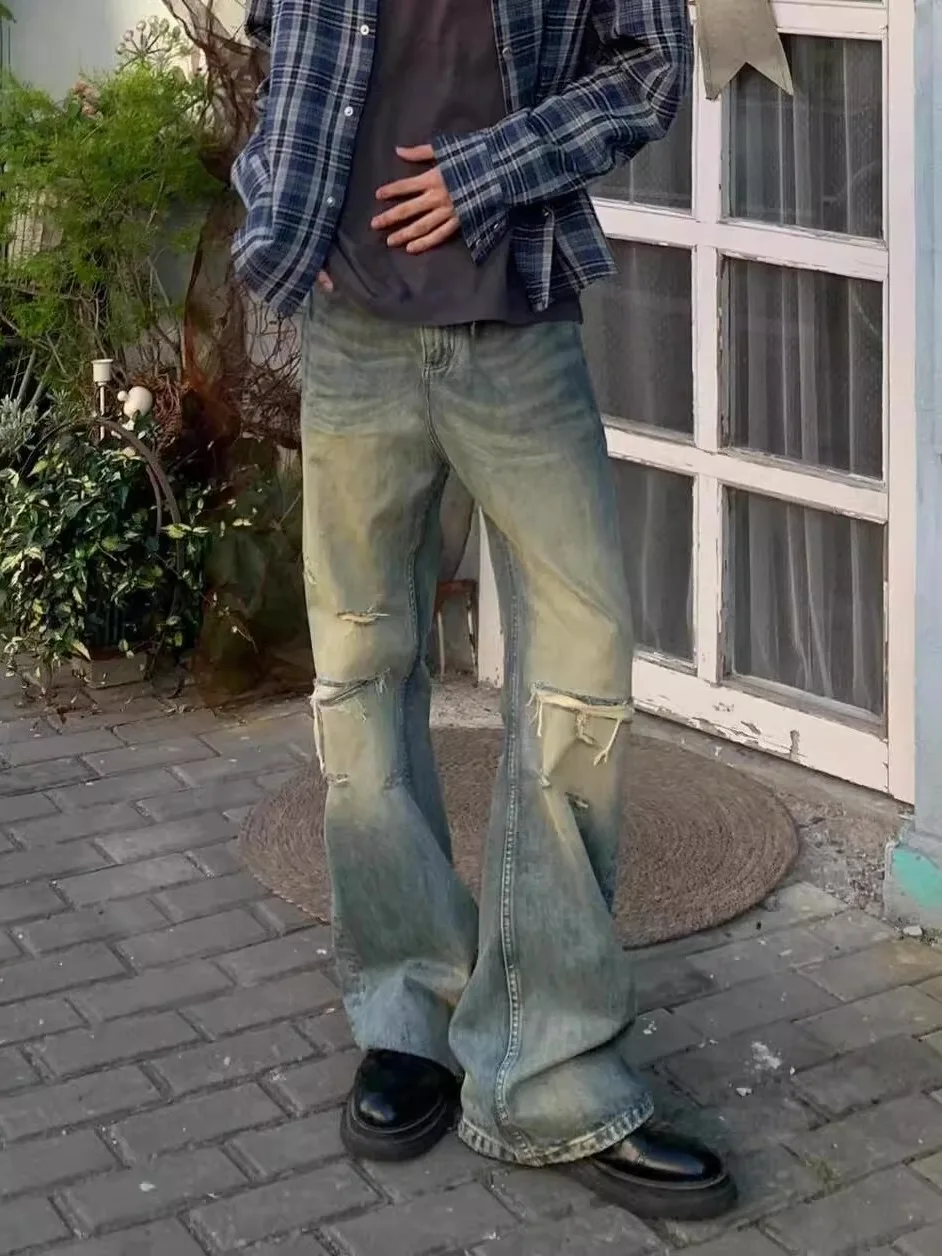 

Мужские джинсы прямого кроя в стиле ретро American High Street Vibe, облегающие, с потертостями и дырками, винтажный вид, модные длинные брюки