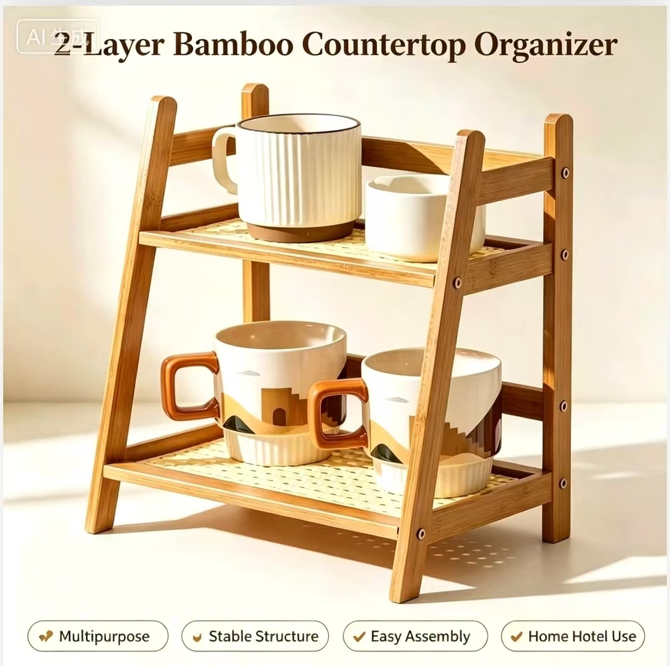  2-Tier Bamboo Countertop Organizer Multipurpose Coffee Cup Holder Shelf For Kitchen Dressing Table Home Hotel Apartment 