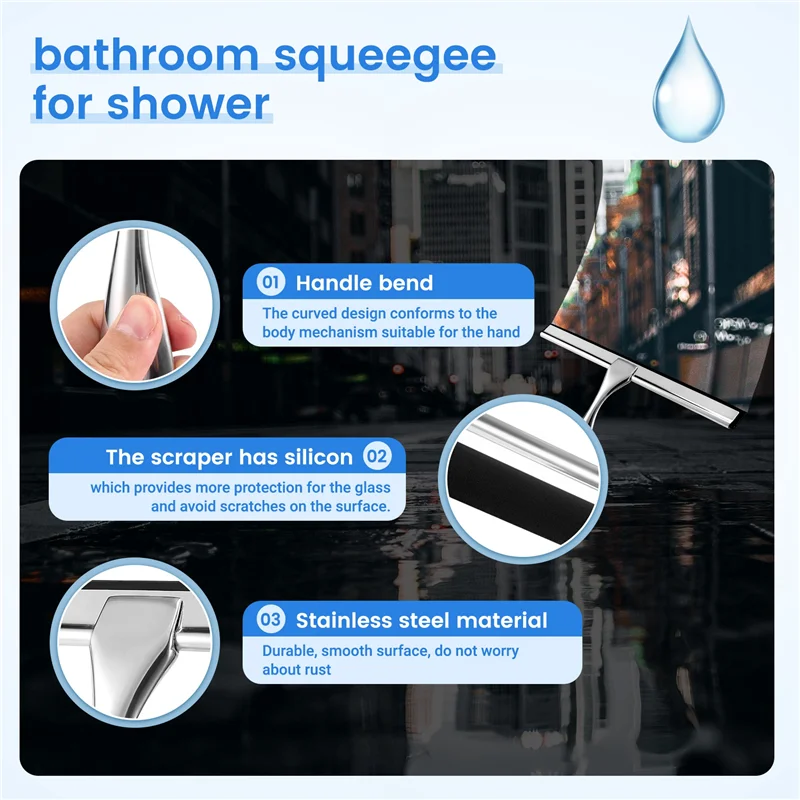 Premium Stainless Steel Squeegee For Shower Doors, Bathroom, Window And Car Glass, All-Purpose Cleaning Glass Wiper-A21R
