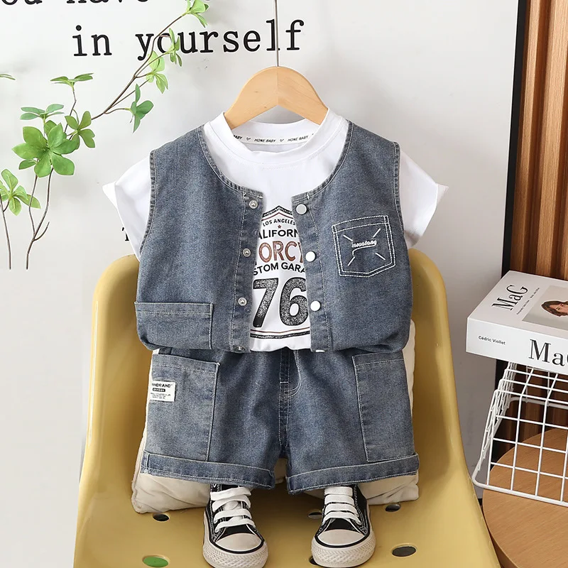 Boys Clothing Set Toddler Outfit 2026 Summer Korean Single Breasted Denim Vest + White T-shirts + Shorts 3 Piece Suit for Baby