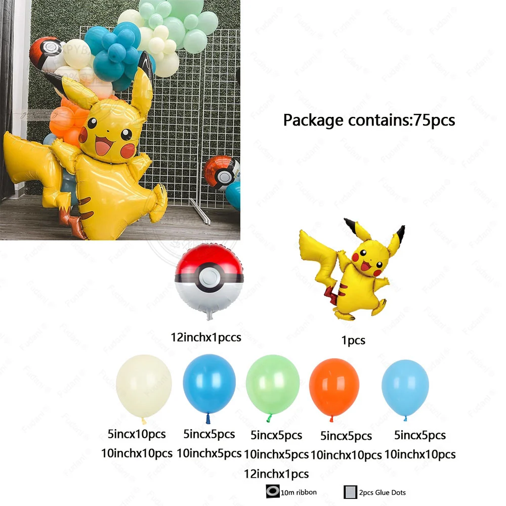 75 Uds Pokemon Pikachu globo arco Kit verde amarillo azul globo de látex chico decoración de fiesta de cumpleaños Baby Shower chico juguete para