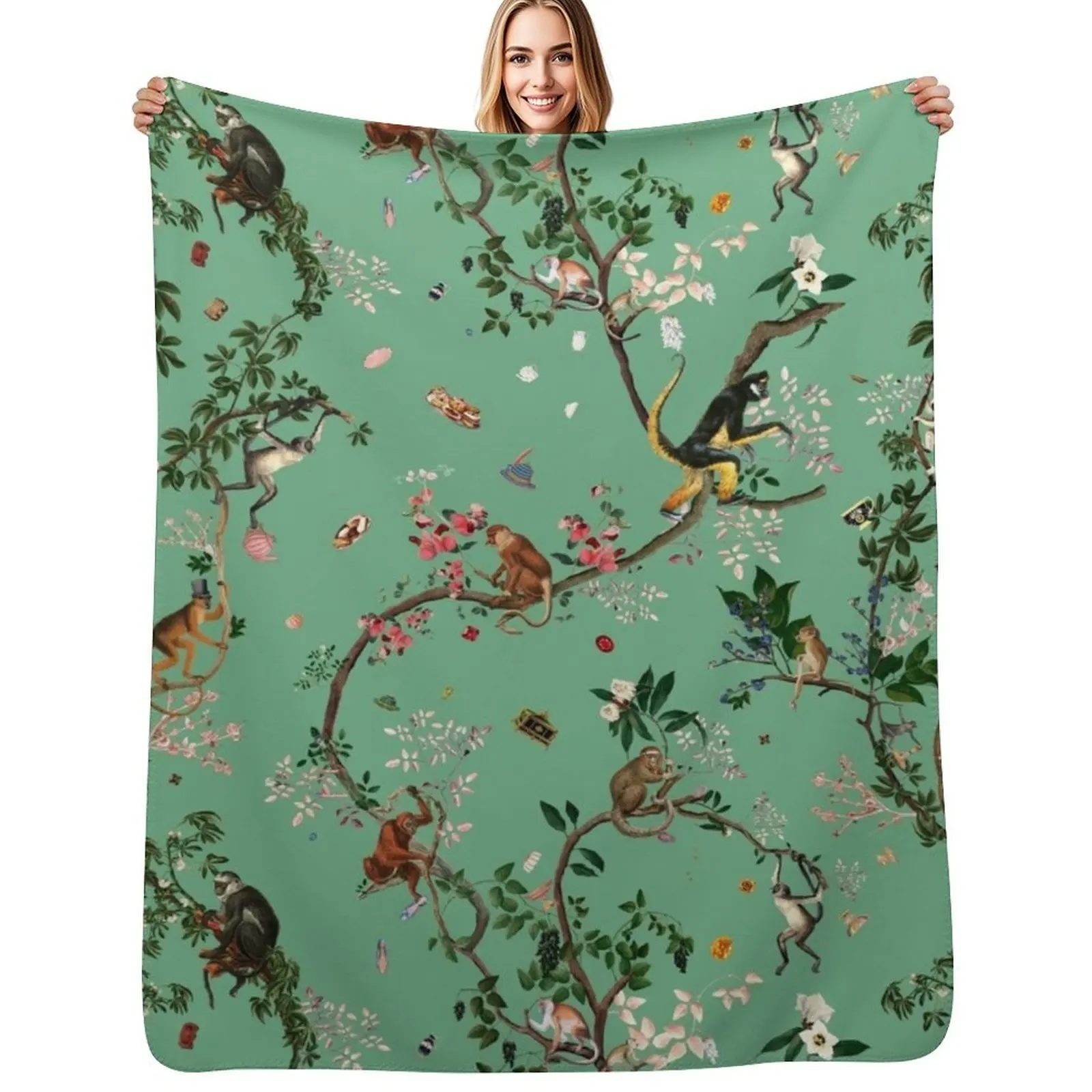 

Monkey World Green Throw Blanket Spring Fall Cozy Throw Blanket for Couch