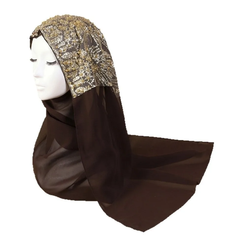Headwraps Silk Pearl Chiffon Hijab Scarf Long Gold Beads Islamic Turban Bandana Wide Sequin Wraps Shawl Party