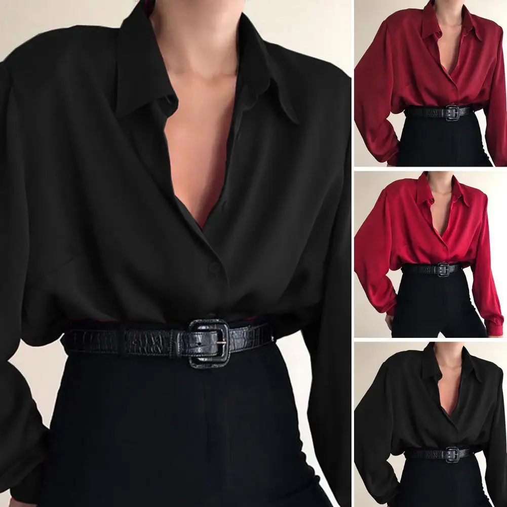 Women Button Blouses Turn Down Collar Shirts Office Lady Long Sleeve Casual Blouse Loose OL Shirt Baggy Tops Red/Wine Red /Black