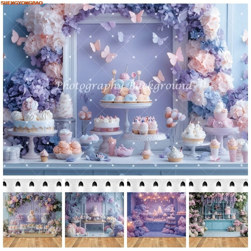 

Newborn Baby Cake Smash Party Backdrop Purple Flowers Butterfly Cake Kids 1st Birthday Photography Background Photo Studio Prop