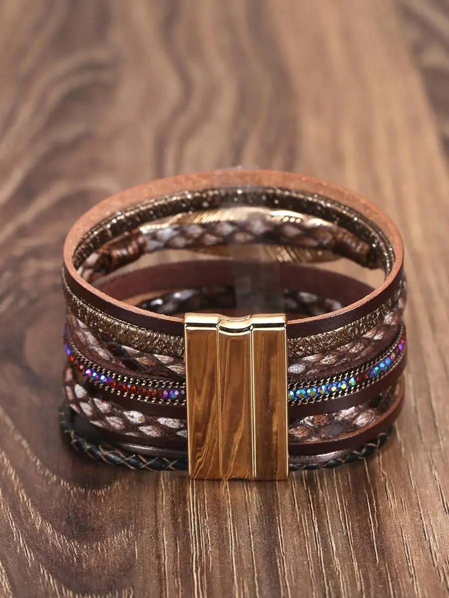 

Leather Multilayer Wrap Cuff Bracelet With Crystal And Feather Design Magnetic Clasp For Women