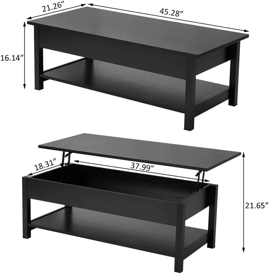 Coffee Table with Hidden Compartment and Open Shelf, Lift Tabletop Pop-Up Tea Table for Living Room, 45.28" L, Black