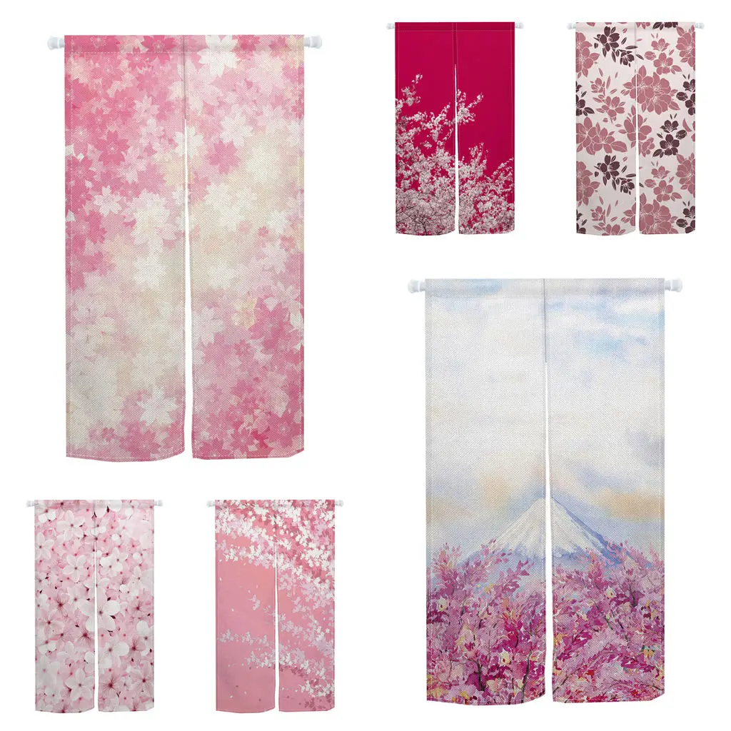 Japanese Door Curtains Pink Cherry Blossoms Mount Fuji Dining Room Partition Linen Doorway Curtains Kitchen Living Room Curtains