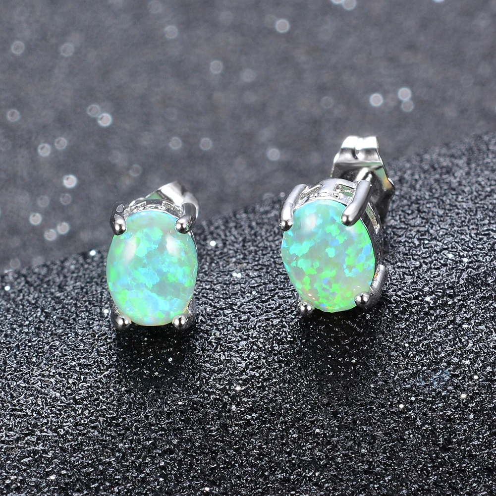 Silver Color Cute Oval Green Opal Stone Stud Earrings for Women Dainty Classic 4 Claws Natural Fire Opal Stone Students Earrings