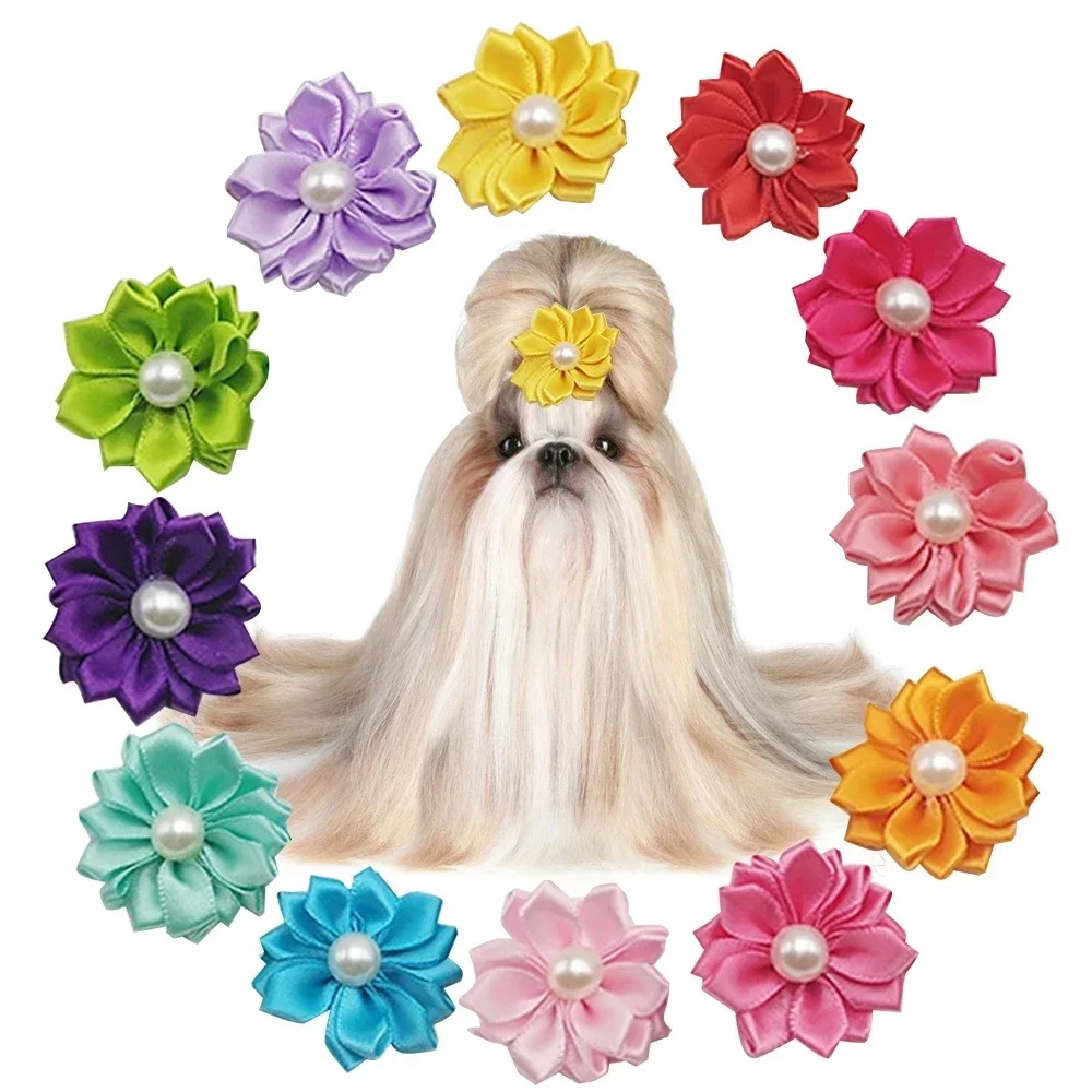 10PCS Mode Hund Pflege Zubehör Nette Bowknot Blume Imitation Perle Welpen Stirnband Gummiband Pet Haar Decor Zubehör