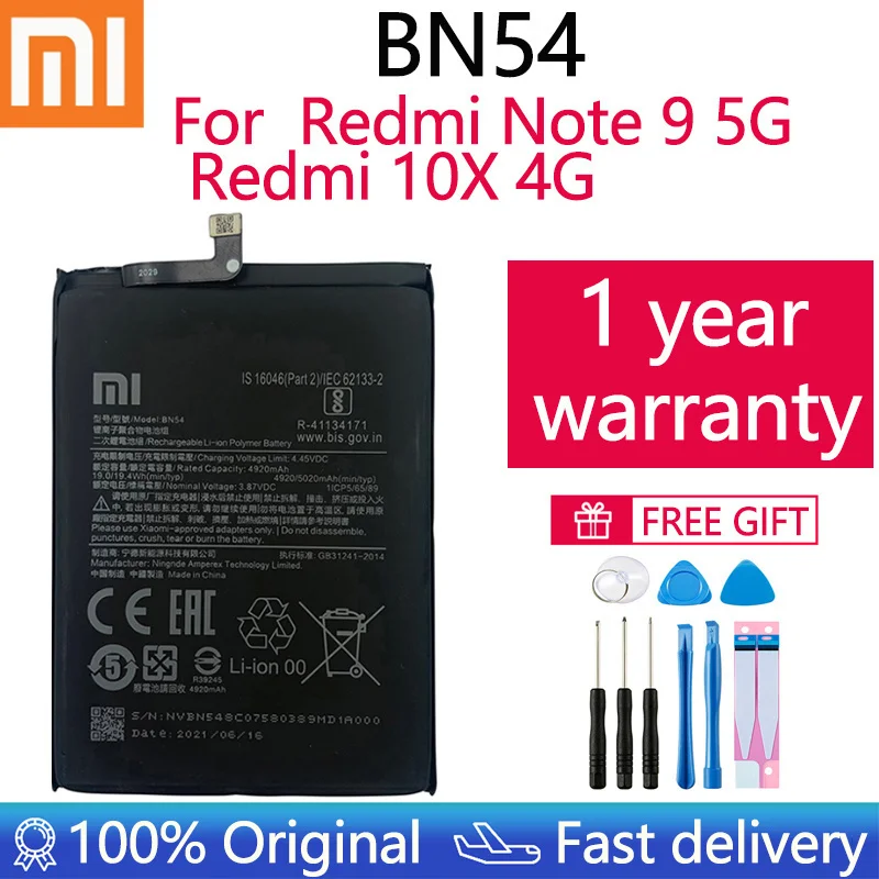 

Xiao Mi Original Phone Battery BN54 For XIAOMI Redmi Note 9 BN54 5020mAh Replace 3.85V Lithium-ion Polymer Battery + tools